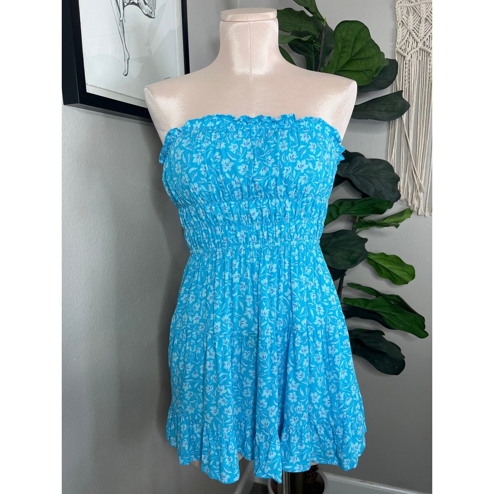 Sky to Moon Tube Top Blue Floral Smocked Tiered Longline Strapless M